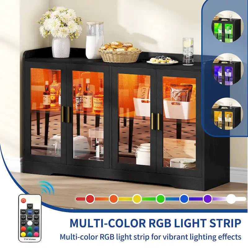 Buffet de 55 po avec lumières DEL et étagères réglables – Gris / Blanc / Noir