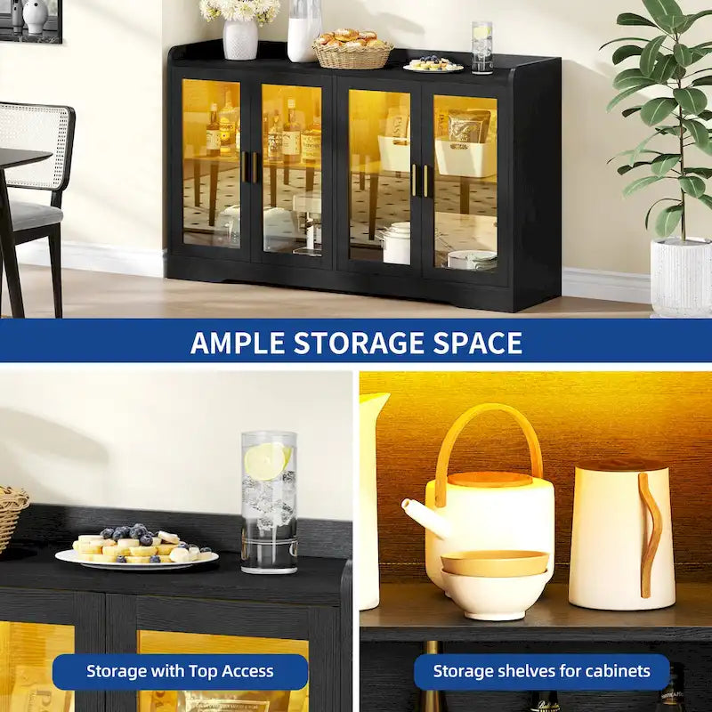 Buffet de 55 po avec lumières DEL et étagères réglables – Gris / Blanc / Noir
