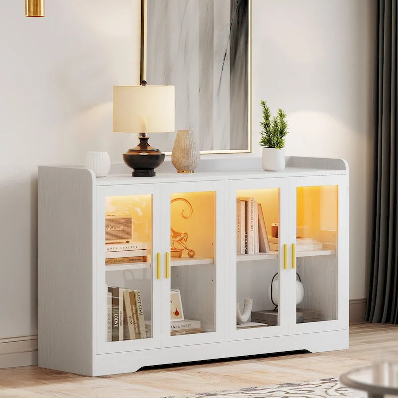 Buffet de 55 po avec lumières DEL et étagères réglables – Gris / Blanc / Noir