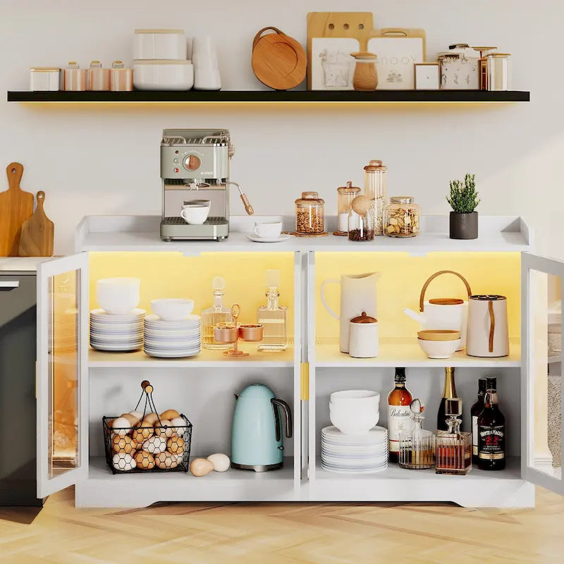 Buffet de 55 po avec lumières DEL et étagères réglables – Gris / Blanc / Noir