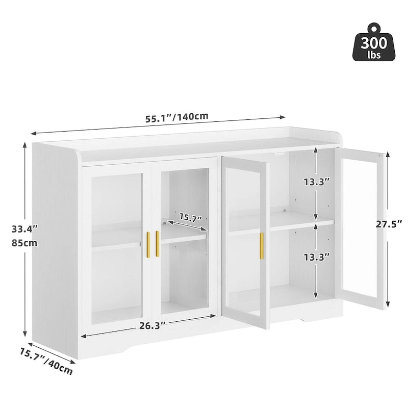 Buffet de 55 po avec lumières DEL et étagères réglables – Gris / Blanc / Noir