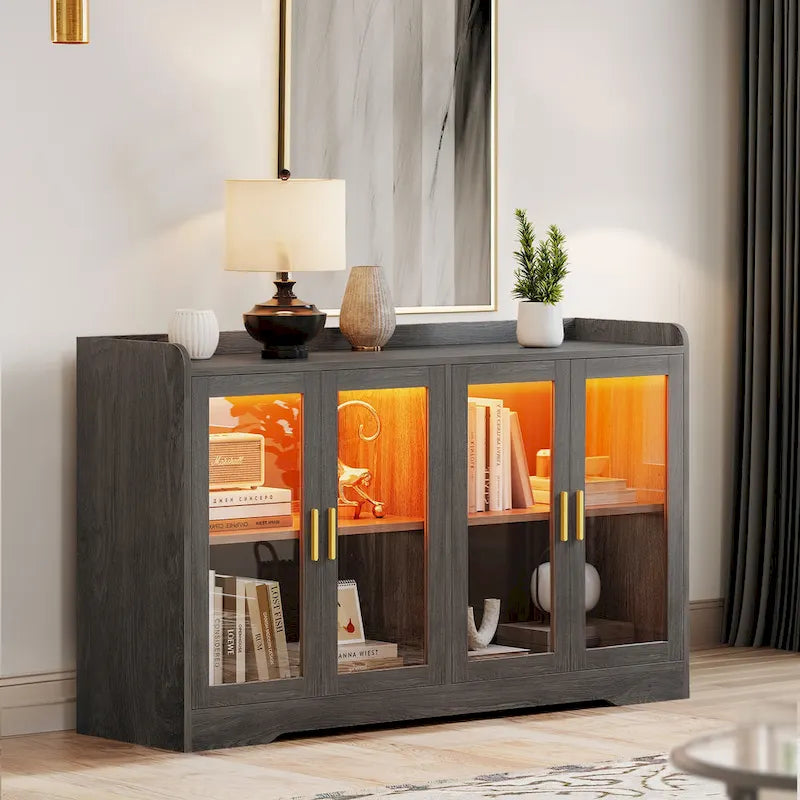 Buffet de 55 po avec lumières DEL et étagères réglables – Gris / Blanc / Noir