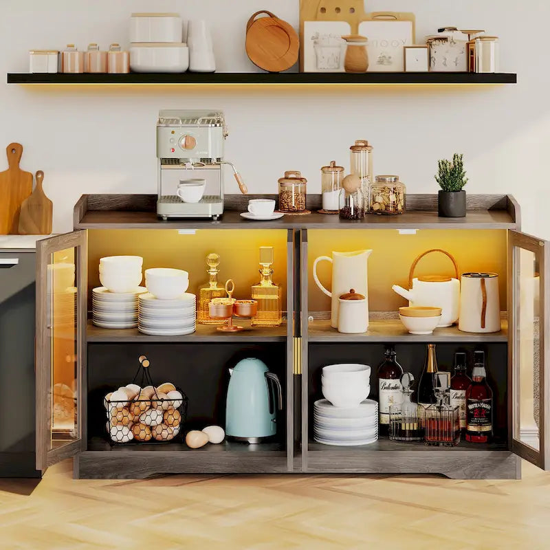 Buffet de 55 po avec lumières DEL et étagères réglables – Gris / Blanc / Noir