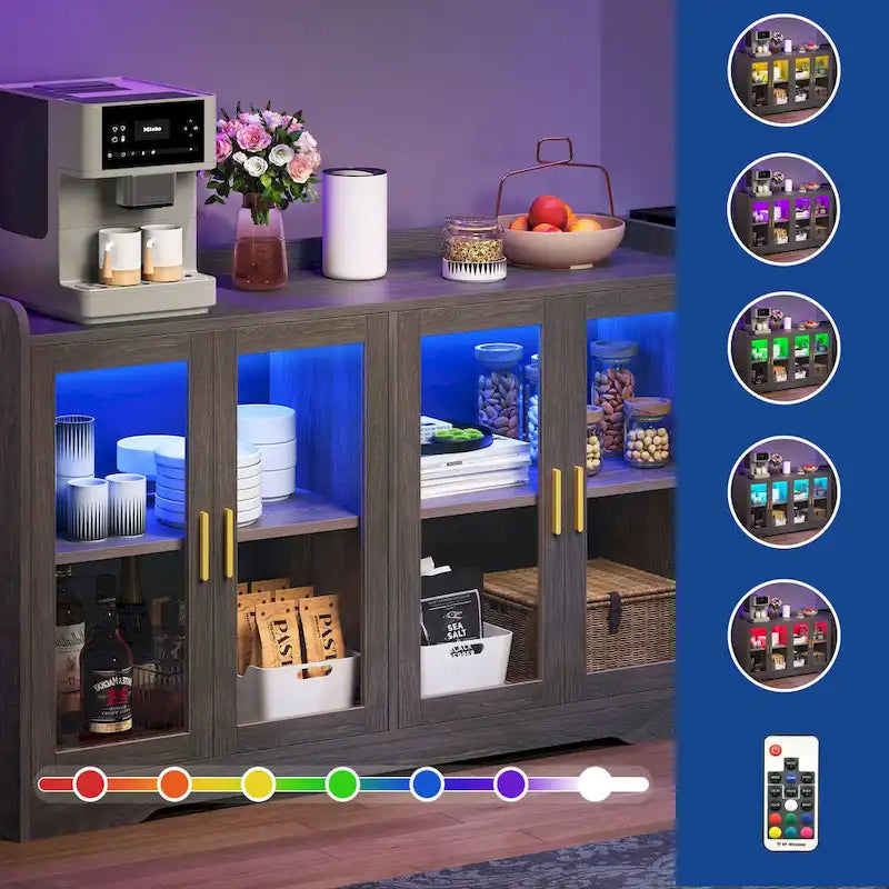 Buffet de 55 po avec lumières DEL et étagères réglables – Gris / Blanc / Noir