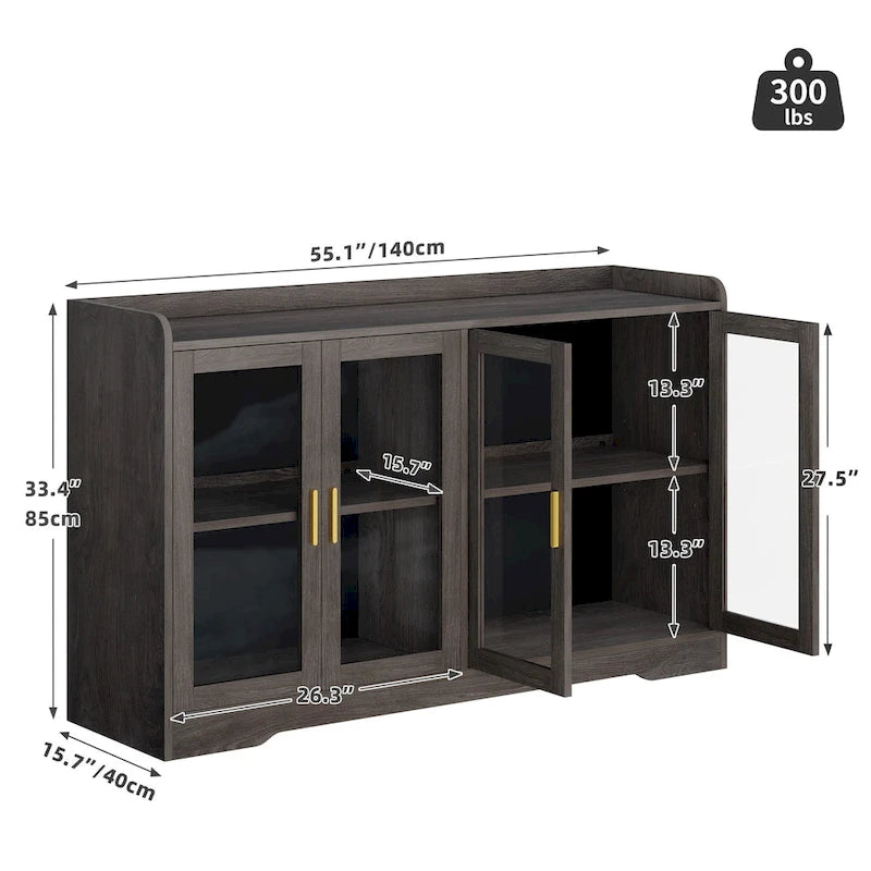 Buffet de 55 po avec lumières DEL et étagères réglables – Gris / Blanc / Noir